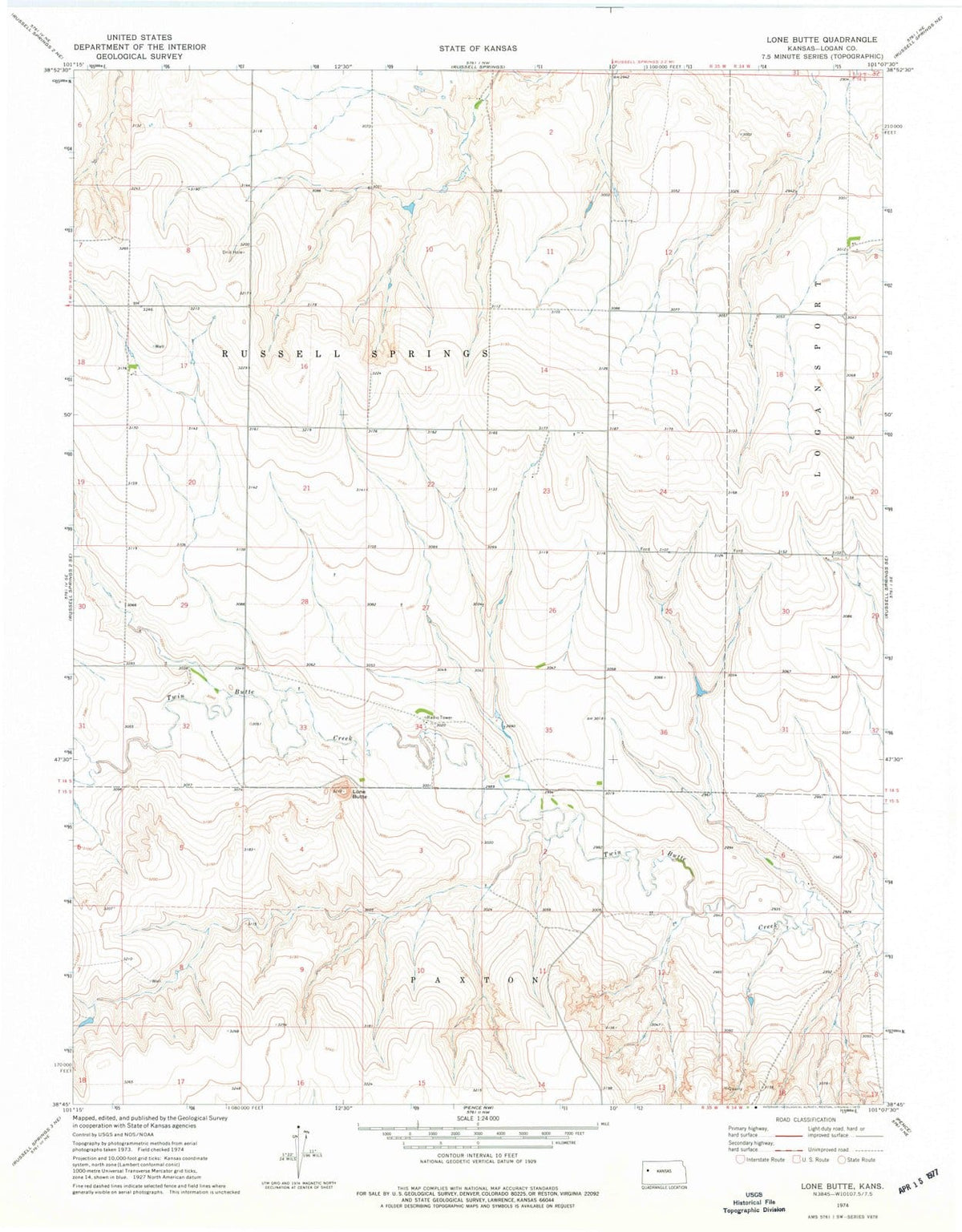 1974 Lone Butte, KS - Kansas - USGS Topographic Map