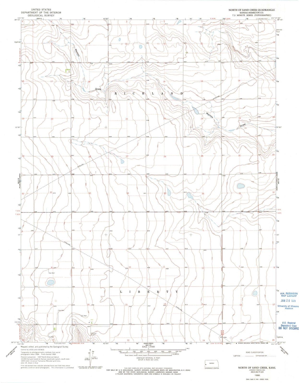 1966 North of Sand Creek, KS - Kansas - USGS Topographic Map