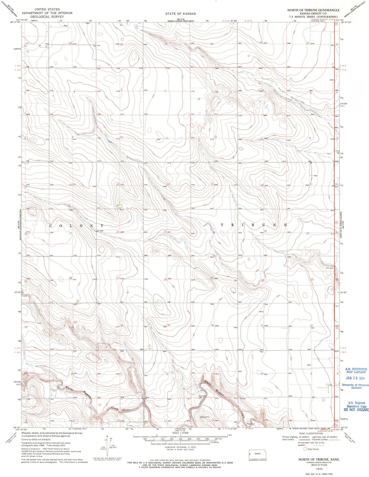 1970 North of Tribune, KS - Kansas - USGS Topographic Map