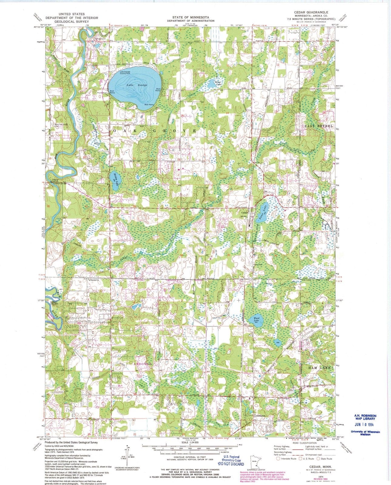 1974 Cedar, MN - Minnesota - USGS Topographic Map
