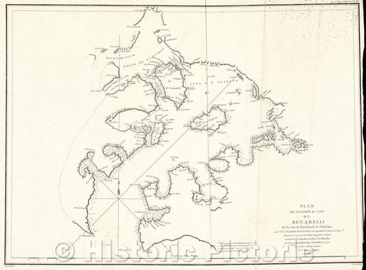 Historic Map : Plan de l'entrÃ©e du port de Bucarelli sur la cÃ´te du nord-ouest de l'Amerique : par 55Â°15 de latitude nord et 136Â°15 de longitude a l'ouest de Par, 1797 , Vintage Wall Art