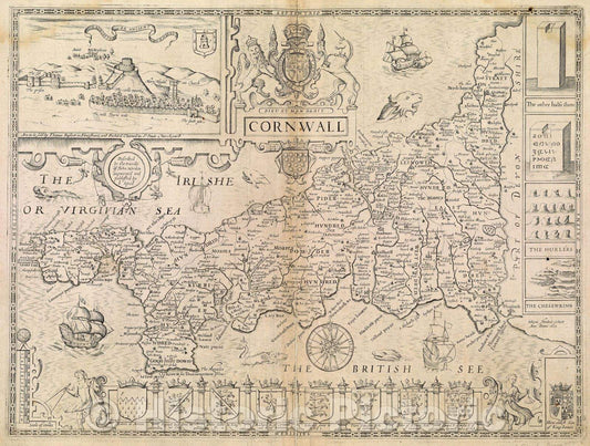Historic Map : Cornwall: described by the travills of John Norden augmented and published by I. Speed, 1610 , Vintage Wall Art