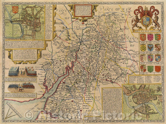 Historic Map : Glocestershire: contriued into thirty thre seuerall hundreds and those againe into foure principall deuisions, the citie of Glocester and Bristowe, 1611 , Vintage Wall Art