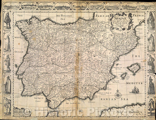 Historic Map : Spaine: newly described with many adictions, both in the attires of the people as the setuations of their cheifest cityes by John Speed, 1626 , Vintage Wall Art