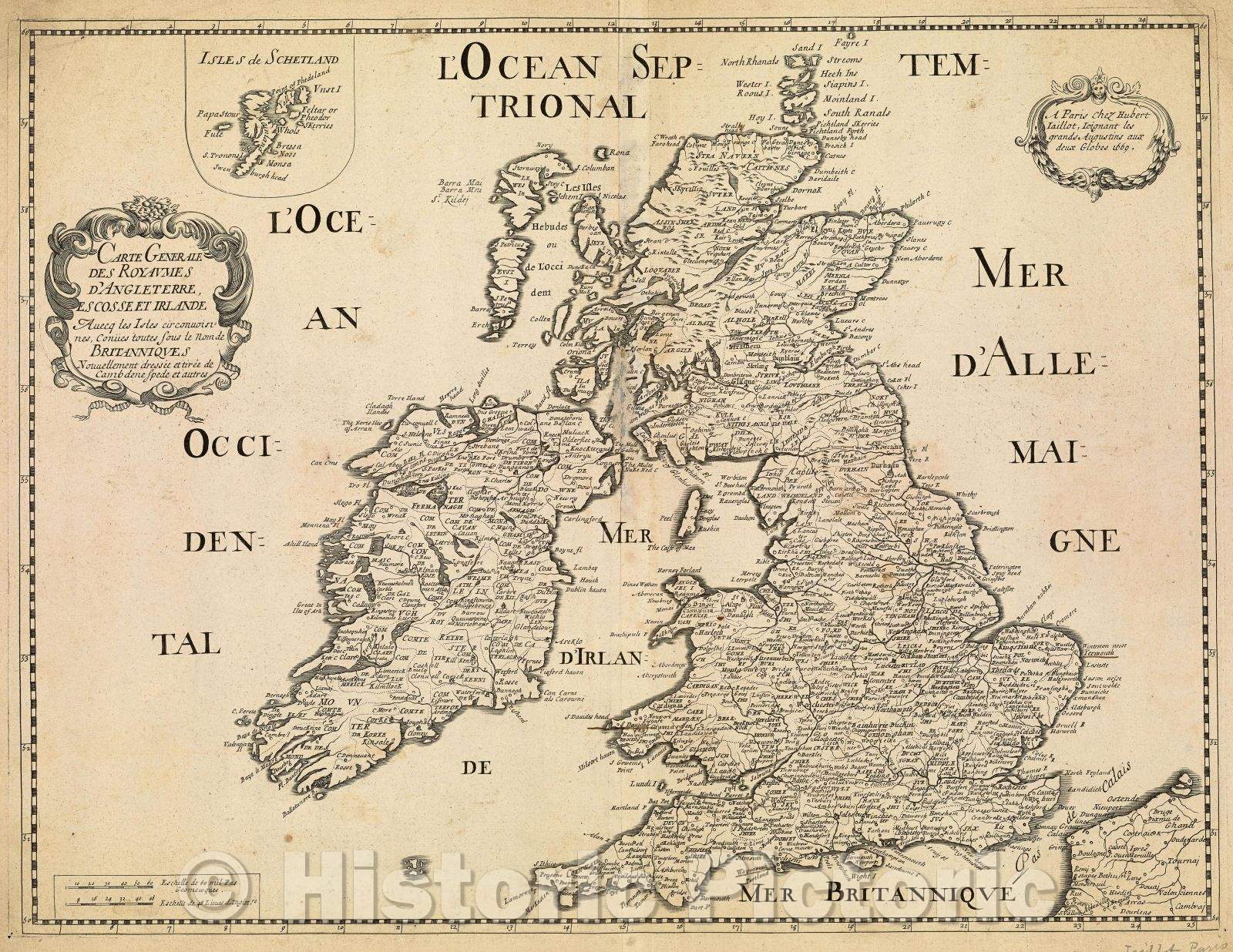 Historic Map : Carte Generale des Royaumes d'Angleterre, Escosse et Irlande Avecq les Isles cironuoisines Conues toutes sous le nom de Britanniques Nouvellement, 1669 , Vintage Wall Art