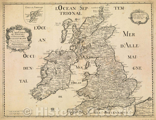 Historic Map : Carte Generale des Royaumes d'Angleterre, Escosse et Irlande Avecq les Isles cironuoisines Conues toutes sous le nom de Britanniques Nouvellement, 1669 , Vintage Wall Art