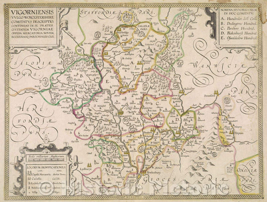 Historic Map : Vigorniensis (vulgo Worcestershire) comitatus descriptio, continens in se (praeter civitatem Vigorniae) oppida mercatoria novem, 1680 , Vintage Wall Art