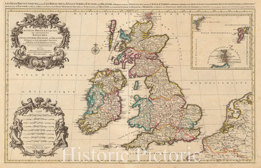 Historic Map : The British Isles which contain the Kingdoms of England, Scotland, and Ireland distinguished in their principal Provinces, subdivided into their Shire, c. 1692 , Vintage Wall Art