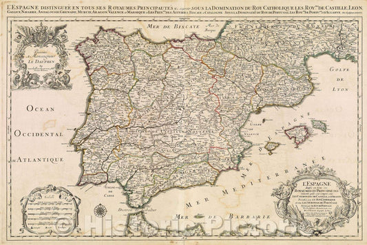 Historic Map : L'Espagne divisee en tous ses Royaumes et Principautes, suivant quils sont compris sous Les Couronnes de Castille, et d'Aragon Possedees par Le Roy, 1692 , Vintage Wall Art