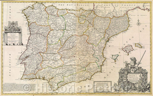 Historic Map : A New and Exact Map of Spain and Portugal Divided into its Kingdoms and Principalities and c with ye Principal Roads and considerable Improvements, 1711 , Vintage Wall Art