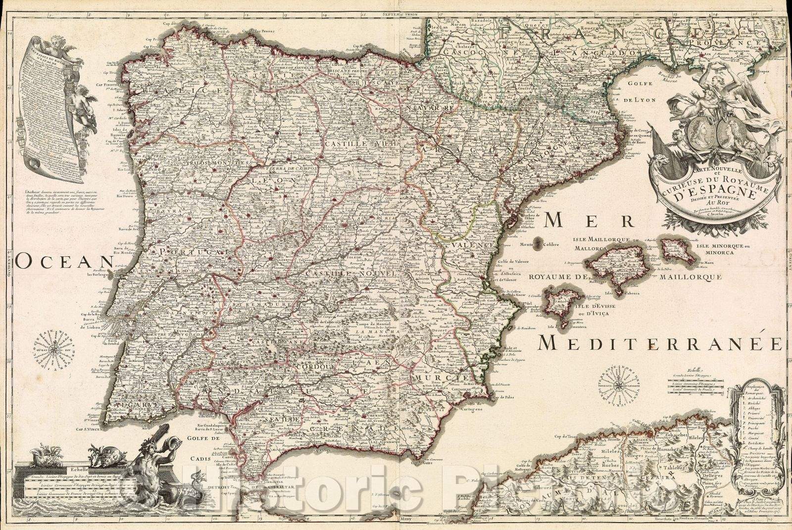 Historic Map : Carte Nouvelle et Curieuse du Royaume d'Espagne dediee et presentee au Roy Par son tres humble et tres obeissant Serviteur et Fidel Sujet, C. Inselin., 1713 , Vintage Wall Art