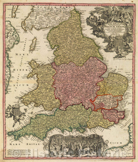 Historic Map : Magnae Britanniae Pars Meridionalis in qua Regnum Angliae tam in septem antiqua Anglo-Saxonum Regna quam in omnes Hodiernas Regiones accurate divisum, 1715 , Vintage Wall Art