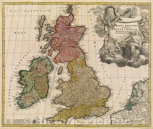Historic Map : Magna Britannia complectens Anglia, Scotiae et Hiberniae Regna in suas Provincias et comitatus divisa repraesentate Jo. Bapt. Homann, Norimberg, 1715 , Vintage Wall Art