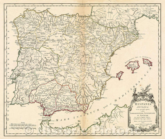 Historic Map : Hispania Antiqua in tres praecipuas partes seilicet Tarraconensem, Lusitaniam, et Baetucam nec non in Populos divisa a N. Sanson Geog. , 1750 , Vintage Wall Art