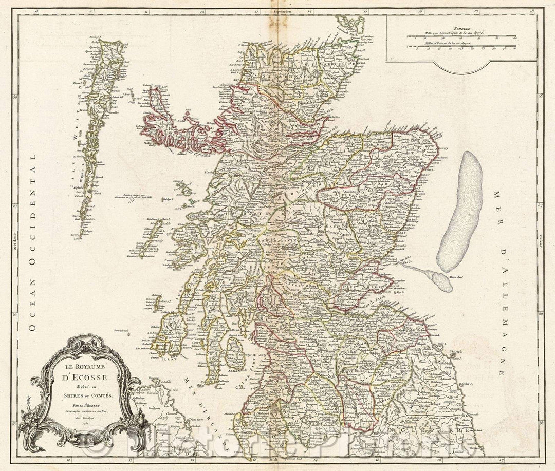 Historic Map : Le Royaume d'Ecosse divisee en Shires ou Comtes par le Sr. Robert, Geographe ordinaire du Roi. Avec Privilege. 1751., 1751 , Vintage Wall Art