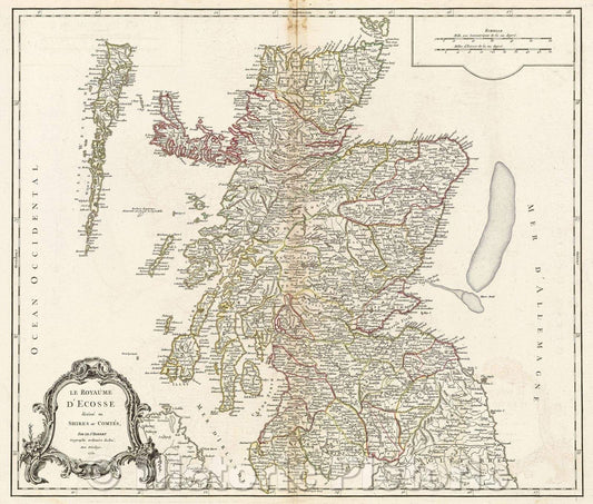 Historic Map : Le Royaume d'Ecosse divisee en Shires ou Comtes par le Sr. Robert, Geographe ordinaire du Roi. Avec Privilege. 1751., 1751 , Vintage Wall Art