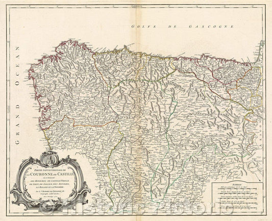 Historic Map : Partie Septentrionale de la Couronne de Castille ou se trouvent Les Royaumes de Castille veille de Leon, Gallice, des Asturies, 1752 , Vintage Wall Art