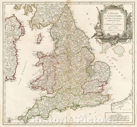 Historic Map : Le Royaume d'Angleterre, divise selon les sept Royaumes, ou Heptarchie des Saxons, avec la principaute de Galles et subdivise en Shires ou Comtes, 1753 , Vintage Wall Art