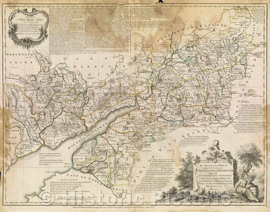 Historic Map : An Accurate Map of The Counties of Gloucester and Monmoth Divided into their Respective Hundreds Collected from the Best Materials and Illustrated, 1760 , Vintage Wall Art