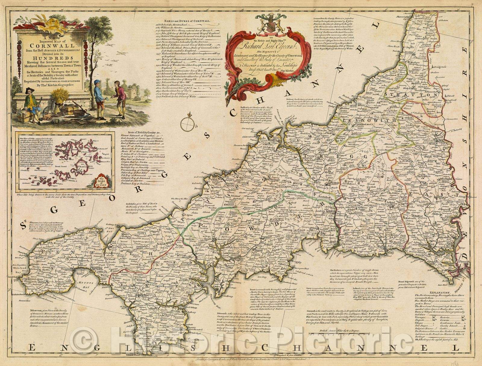 Historic Map : A New Improved Map of Cornwall from the Best Surveys and Intelligences Divided into its Hundreds Shewing the several roads, 1762 , Vintage Wall Art