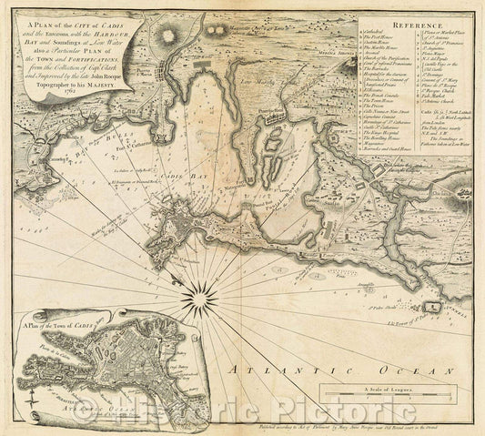 Historic Map : A plan of the City of Cadis and the Environs, with the Harbour, Bay and Soundings at Low Water, 1762 , Vintage Wall Art