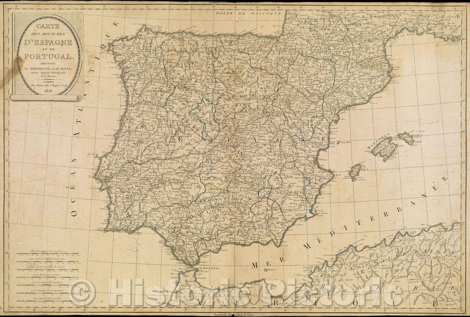 Historic Map : Carte des Royaumes d'Espagne et de Portugal. Dressee par Herisson, Eleve de M. Bonne, ancien Ingenieur Hydrographe de la Marine., 1808 , Vintage Wall Art