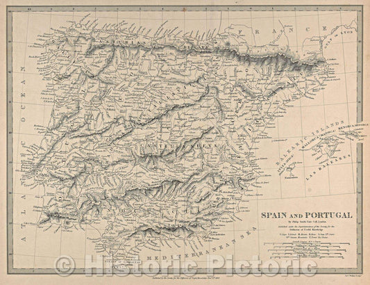 Historic Map : Spain and Portugal by Philip Smith published under the superintendence of the Society for the Diffusion of Useful Knowledge, 1838 , Vintage Wall Art