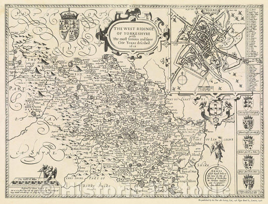 Historic Map : The West Ridinge of Yorkshyre with the most famous and fayre citie Yorke described. 1610, 1906 , Vintage Wall Art