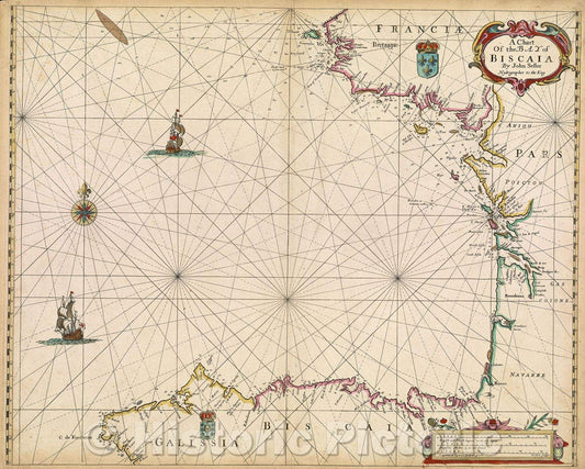Historic Map : A Chart of the Bay of Biscaia by John Seller, Hydrographer to the King, 1672 , Vintage Wall Art