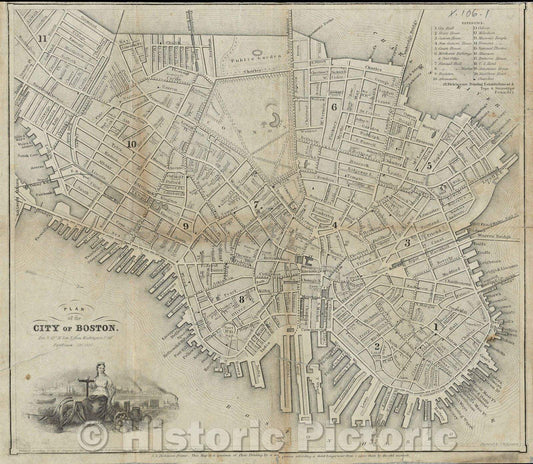 Historic Map : Plan of the City of Boston, 1844 , Vintage Wall Art , v3