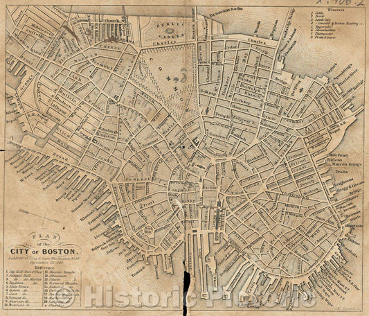 Historic Map : Plan of the city of Boston, 1841 , Vintage Wall Art