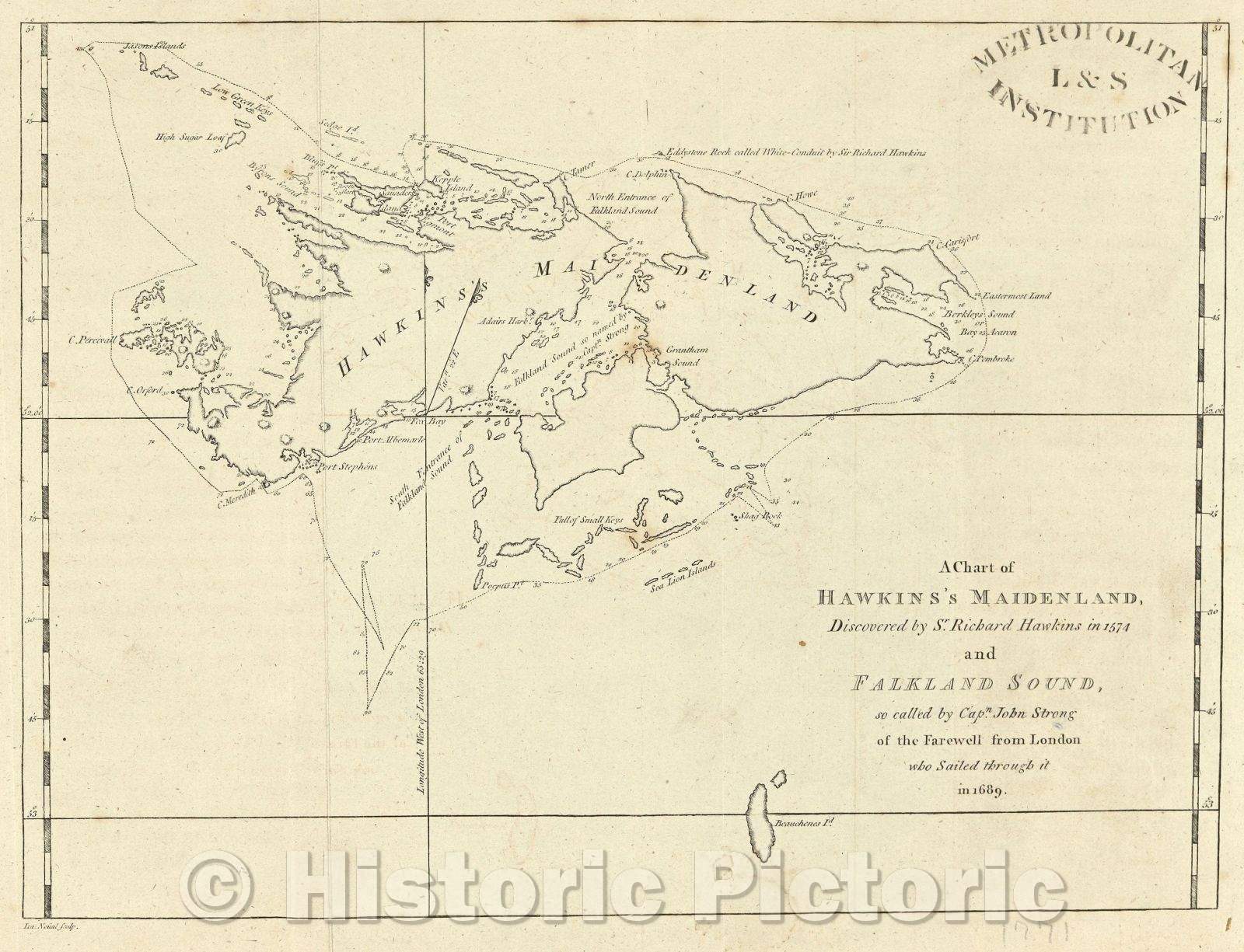 Historic Map : A Chart of Hawkin's Maidenland Discovered by Sr. Richard Hawkins in 1574 and Falkland Sound, c. 1771 , Vintage Wall Art
