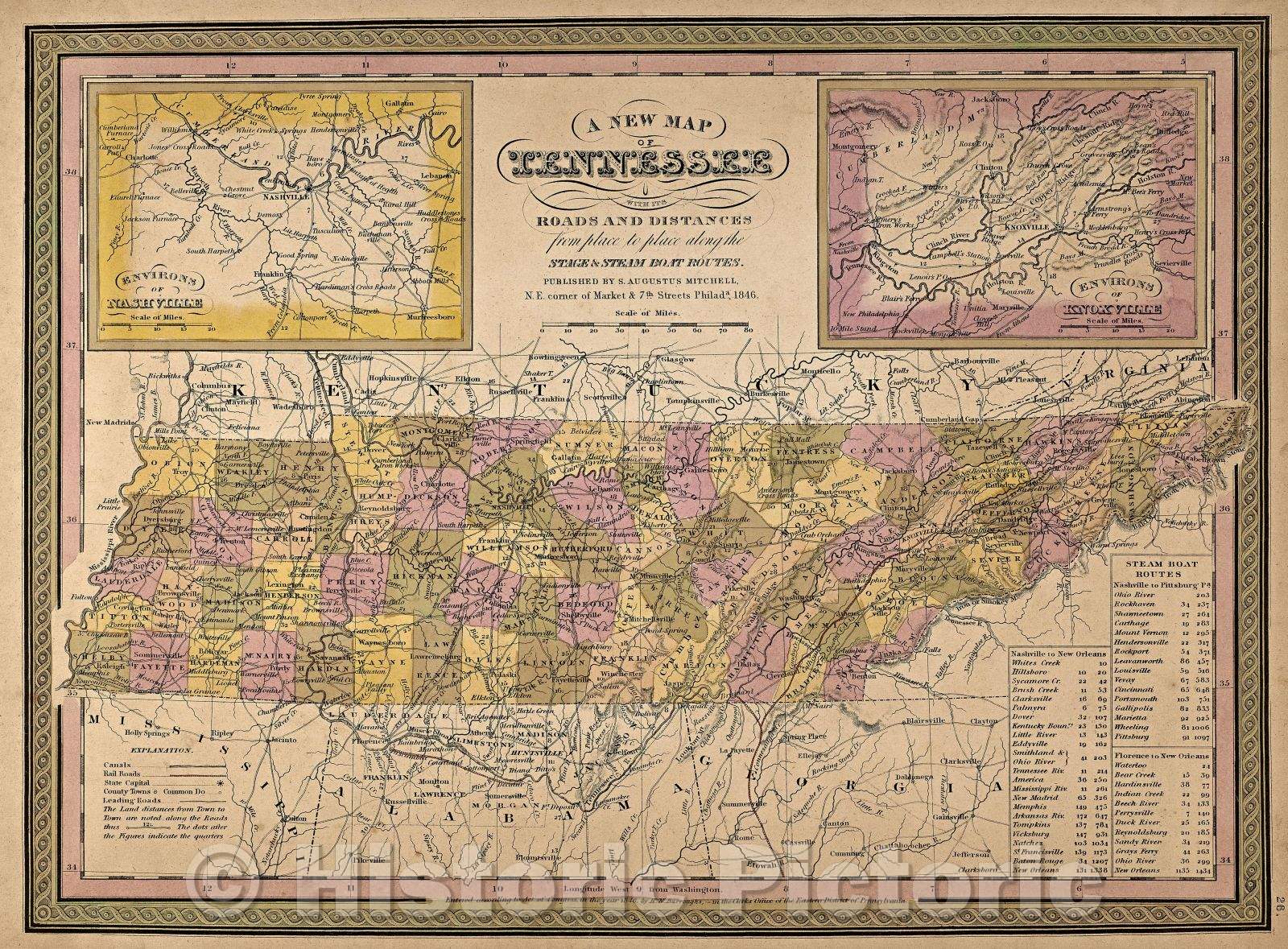 Historic Map : A New Map of Tennessee with its Roads and Distances from place to place along the Stage and Steam Boat Routes Published by S. Augustus Mitchell, N.E., 1846 , Vintage Wall Art