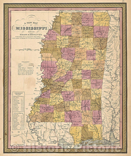 Historic Map : A New Map of Mississippi with its Roads and Distances. Published by S. Augustus Mitchell,  N.E. corner of Market and 7th Streets Philada., 1846., 1846 , Vintage Wall Art