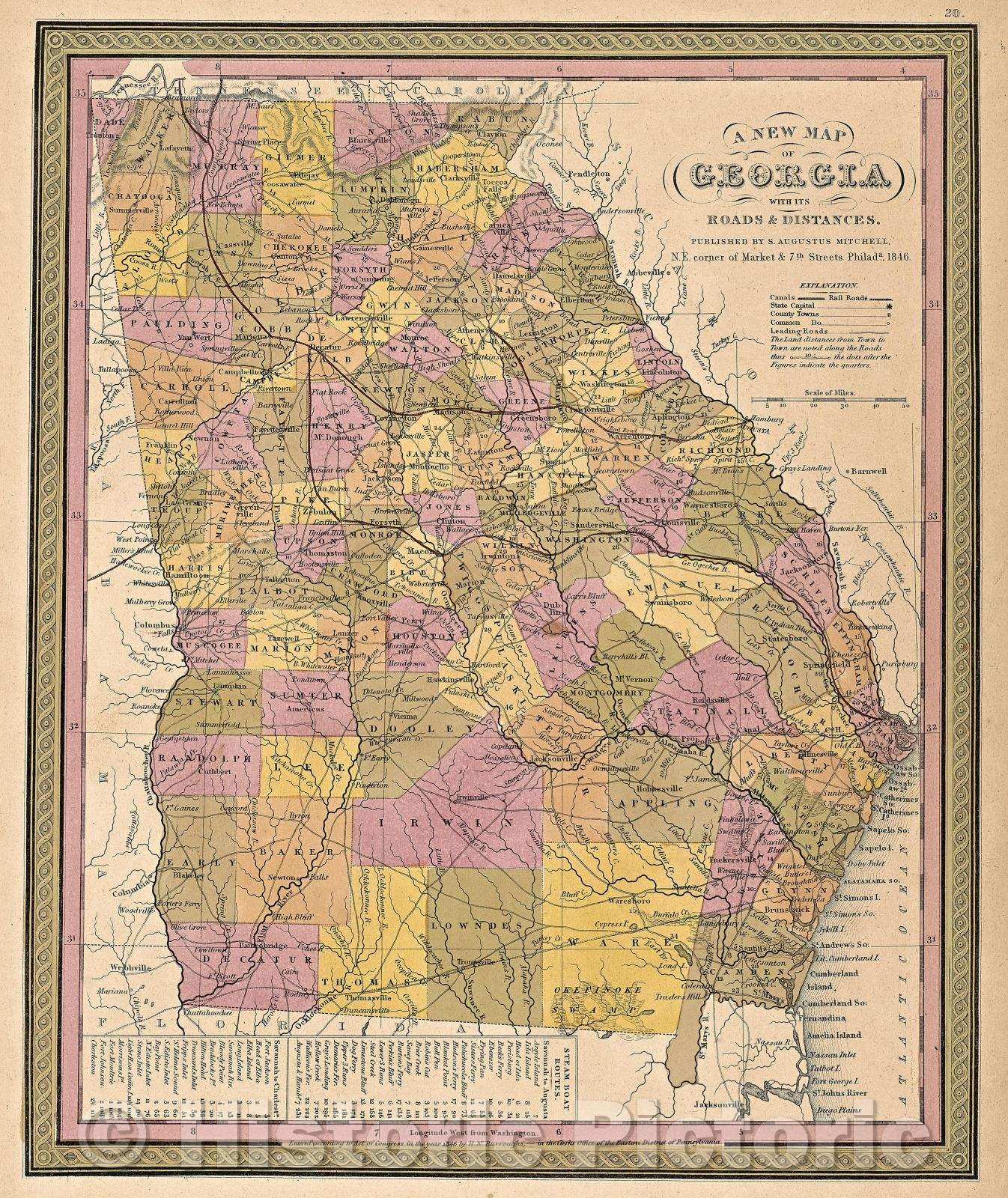 Historic Map : A New Map of Georgia with its Roads and Distances. Published by S. Augustus Mitchell,  N.E. corner of Market and 7th Streets Philada., 1846., 1846 , Vintage Wall Art