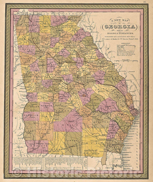 Historic Map : A New Map of Georgia with its Roads and Distances. Published by S. Augustus Mitchell,  N.E. corner of Market and 7th Streets Philada., 1846., 1846 , Vintage Wall Art