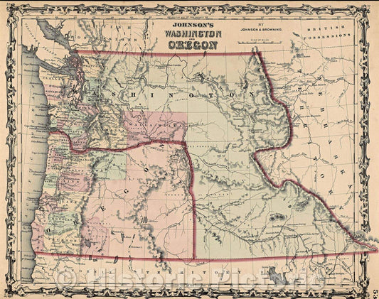 Historic Map : Johnson's Washington and Oregon, 1862 , Vintage Wall Art