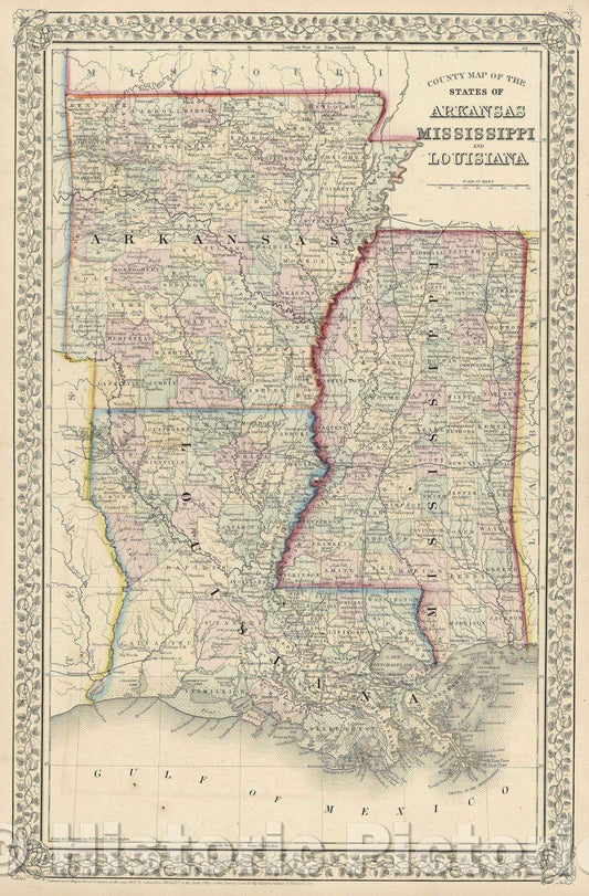 Historic Map : County Map of the States of Arkansas, Mississippi and Louisiana., 1867 , Vintage Wall Art
