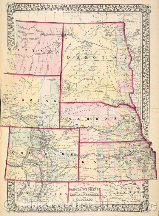 Historic Map : County Map of Dakota, Wyoming, Kansas, Nebraska and Colorado., 1870 , Vintage Wall Art