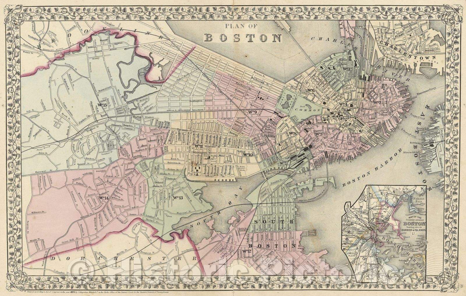 Historic Map : Plan of Boston., 1870 , Vintage Wall Art