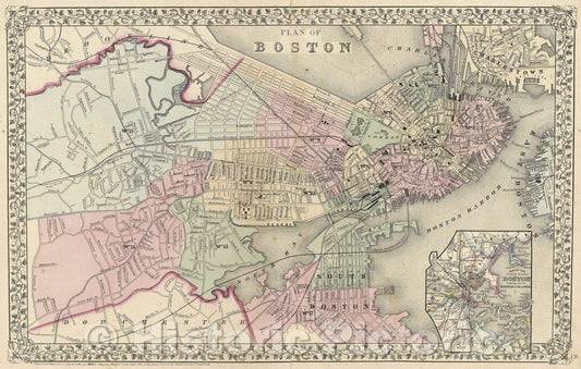 Historic Map : Plan of Boston., 1870 , Vintage Wall Art