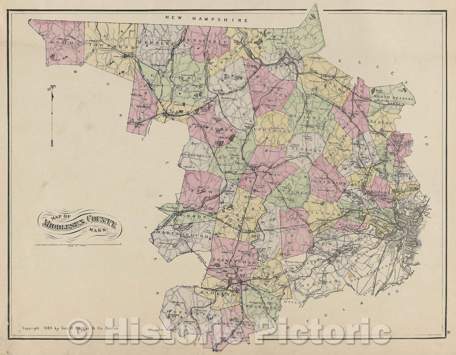Historic Map : Map of Middlesex County, Mass., 1889 , Vintage Wall Art