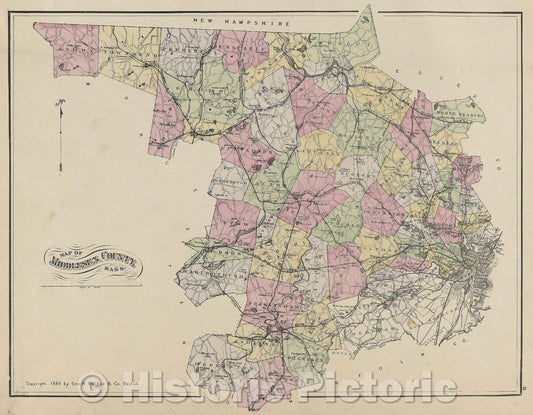 Historic Map : Map of Middlesex County, Mass., 1889 , Vintage Wall Art