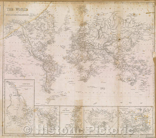 Historic Map : The World on Mercator's Projection engraved by Charles Copley, c. 1844 , Vintage Wall Art