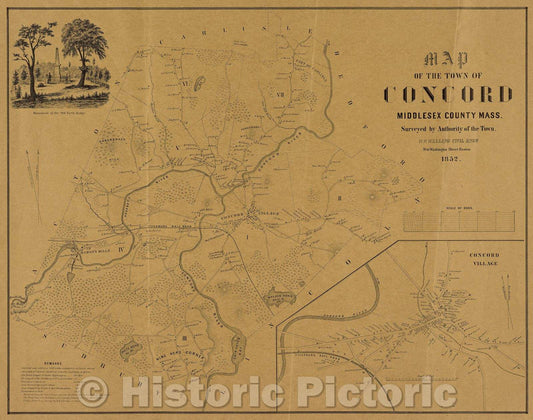 Historic Map : Map of the Town of Concord, Middlesex County Mass. Surveyed by Authority of the Town, 1852 , Vintage Wall Art