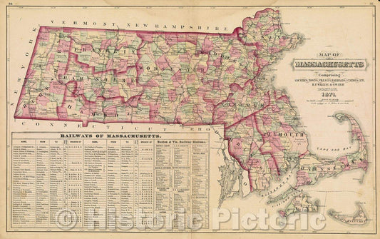 Historic Map : Map of Massachusetts Comprising Counties, Towns, Villages, Railroads, Stations, etc., 1871 , Vintage Wall Art