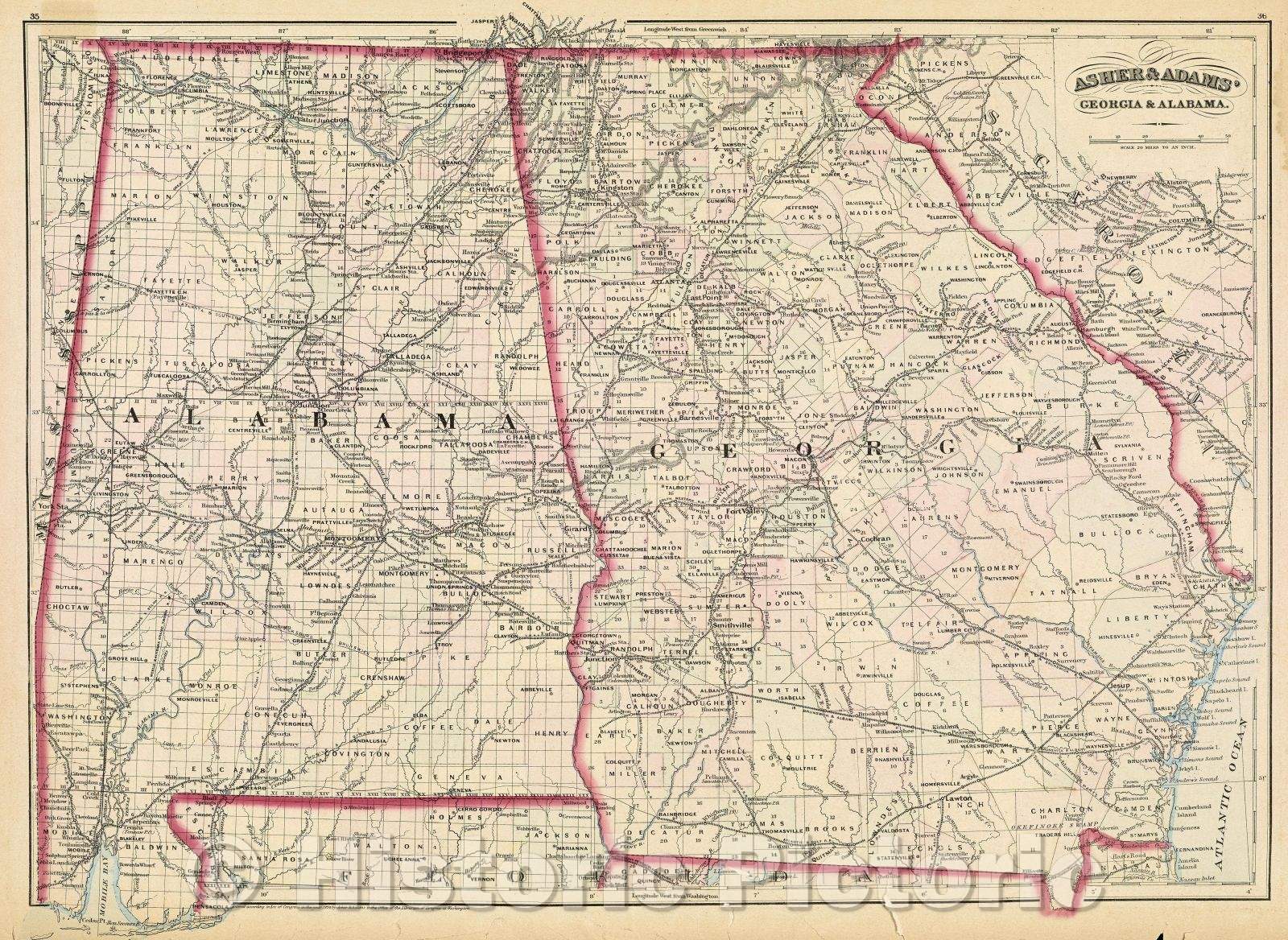 Historic Map : Asher and Adams' Georgia and Alabama., c. 1874 , Vintage Wall Art