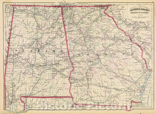 Historic Map : Asher and Adams' Georgia and Alabama., c. 1874 , Vintage Wall Art