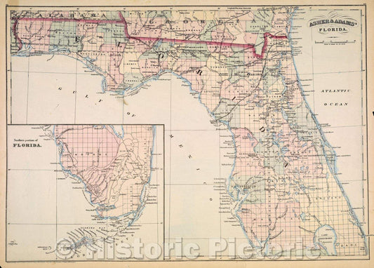 Historic Map : Asher and Adams' Florida., 1874 , Vintage Wall Art
