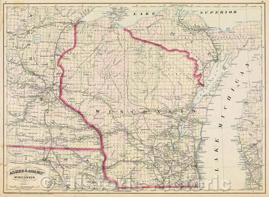 Historic Map : Asher and Adams' Wisconsin., 1874 , Vintage Wall Art